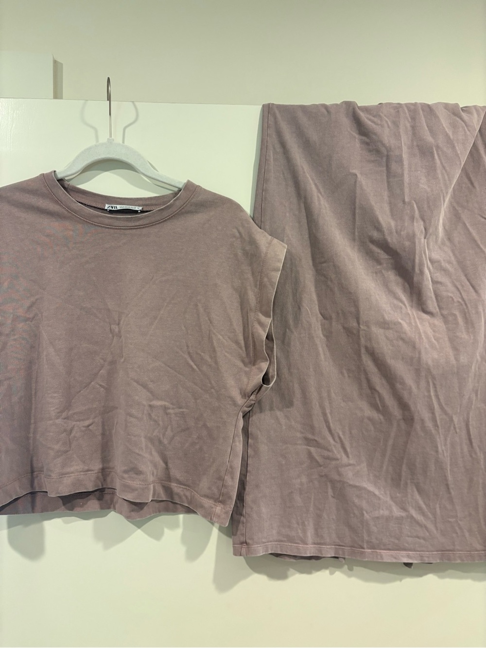 Zara Mauve Short Sleeve Cropped Tee and Skirt Set
